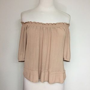 3/$25 7DayWknd Women Tan Elastic Puff Sleeve Off Shoulder Top Size Medium Boho